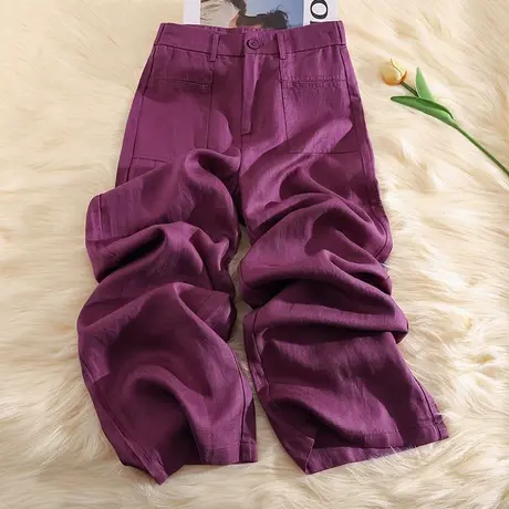 拉夏贝尔紫色亚麻阔腿裤女夏薄款2025新款高腰九分休闲棉麻直筒裤图片