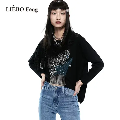 裂帛LIEBOFeng商场同款2023年国潮设计师宽松刺绣流苏黑色长袖T恤商品大图