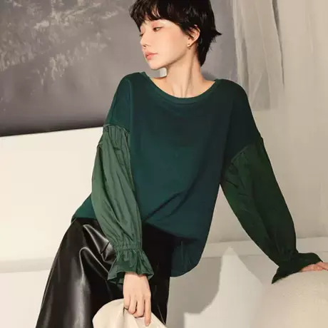 桔熊秋冬季通勤休闲圆领卫衣拼接荷叶袖上衣女胖妹妹大码AB16797商品大图