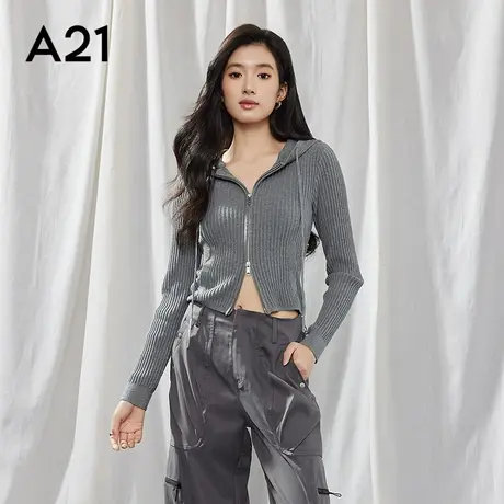 A21女装连帽毛针织衫修身显瘦长袖拉链开衫上衣商品大图