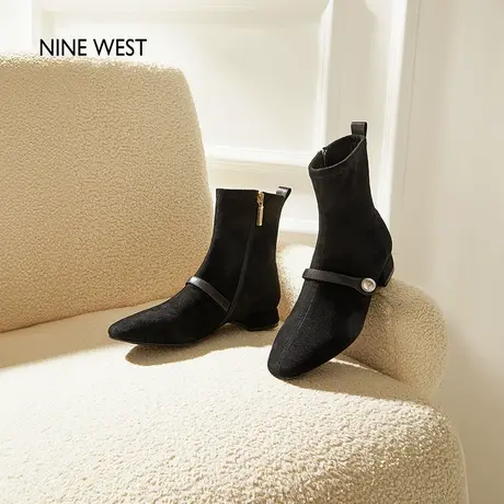 Nine West/玖熙百搭短靴女秋冬靴子珍珠弹力瘦瘦靴粗跟时装靴绒面图片