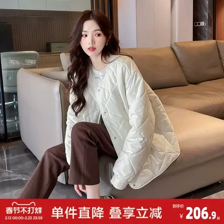 唐狮新款棉衣女爆款今年流行短款白色菱形格轻薄款内胆可外穿图片