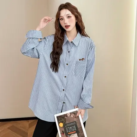 唐狮春秋季条纹衬衫女长袖浅蓝休闲风宽松刺绣小狗可爱衬衣BLtu商品大图