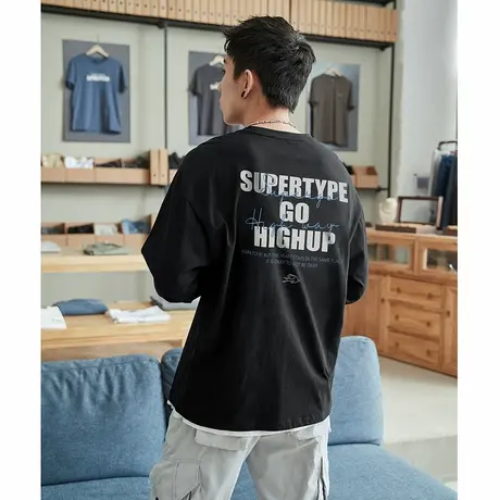 唐狮春季新款纯色长袖T恤男纯棉百搭宽松简约打底衫上衣服潮tTD图片