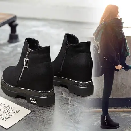 马丁靴女厚底2023年新款秋冬单靴坡跟内增高小个子显脚小短筒短靴商品大图