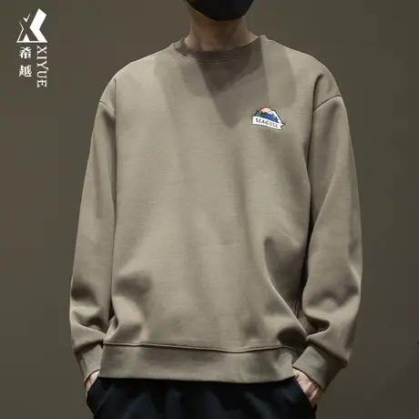 希越精品双面棉重磅卫衣男秋冬款内搭无帽圆领宽松大码印花打底衫商品大图