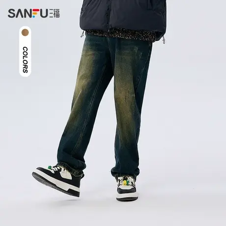三福2023冬男士洗水猫须灯芯绒休闲裤 潮流宽松直筒长裤477967商品大图