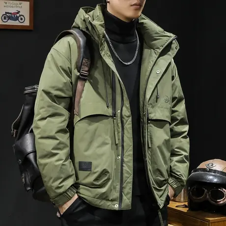90鸭绒羽绒服男冬季连帽2023新款潮牌大码男士工装外套带保温贴商品大图
