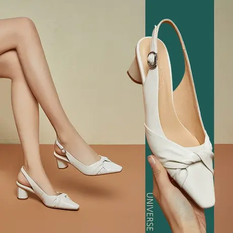 清仓凉鞋女休闲一字式扣带后空女鞋中空粗跟白色纯色真皮鞋商品大图