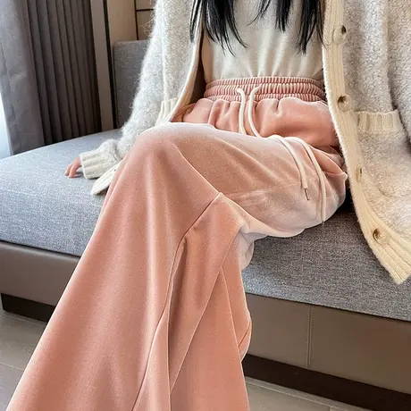 粉色金丝绒阔腿裤女秋冬新款加绒加厚高腰宽松显瘦软糯垂感直筒裤商品大图