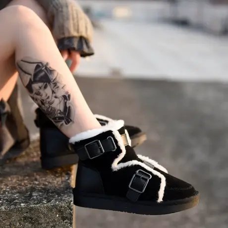 Artmu阿木皮带扣雪地靴子女冬加绒防滑短靴棉靴保暖女靴断码清仓图片