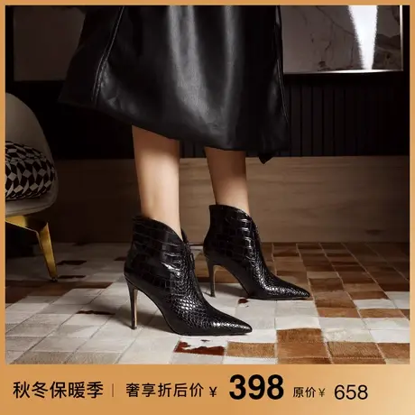 熙漫2023秋冬新款前拉链时尚炸街短靴尖头细跟气质百搭黑色女靴子商品大图