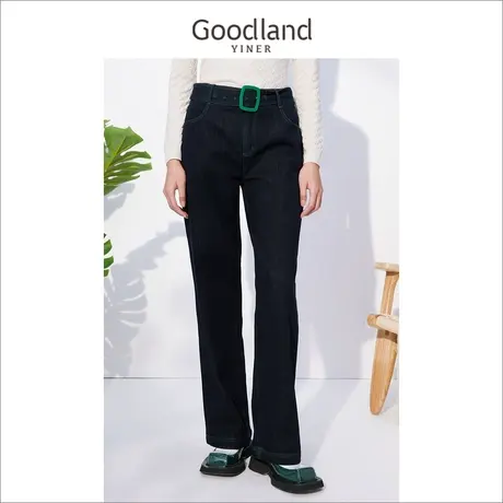 *Goodland美地女装冬季高腰垂感阔腿裤带腰带显瘦牛仔裤商品大图