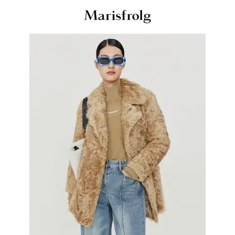 【自然肌理感羊皮】玛丝菲尔冬季新款驼色翻领箱型毛呢外套图片