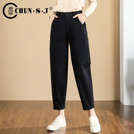 黑色萝卜裤女胖mm高腰老爹裤秋冬2023新款咖啡色休闲加绒哈伦女裤商品大图