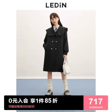 乐町翻领双面呢大衣2022秋冬新款女装黑色保暖绵羊毛长款毛呢外套图片
