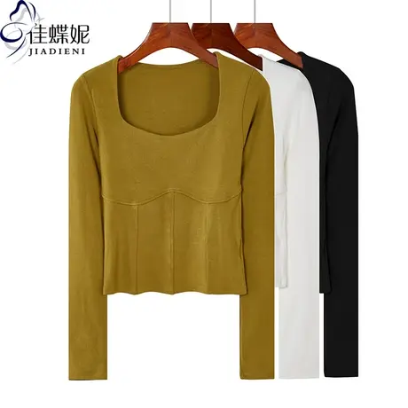 春季新款韩版纯棉修身显瘦短款高腰方领纯色简约长袖体恤上衣女装商品大图
