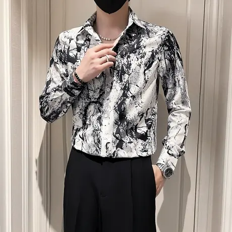 秋冬季时尚休闲韩版修身花色泼墨潮牌发型师个性长袖衬衣男士衬衫商品大图