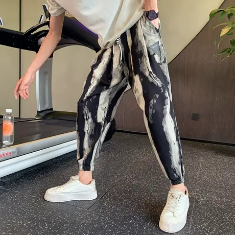 夏季男潮流百搭高级九分束脚哈伦宽松冰丝薄款潮酷条纹设计休闲裤商品大图