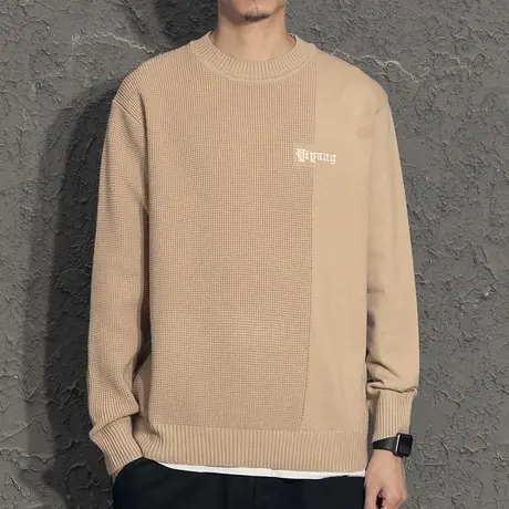 奕飏2020秋冬新款潮流时尚百搭假两件拼接套头针织毛衣字母刺绣男商品大图