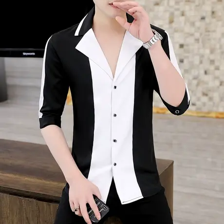 衬衫男夏季短袖拼色潮流七分袖休闲寸衫ins秋装韩版个性帅气衬衣商品大图