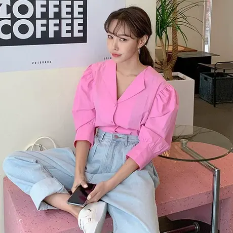 纯诗曼春夏装新款长袖西装领衬衫女短袖时尚休闲宽松流行大码衬衣图片