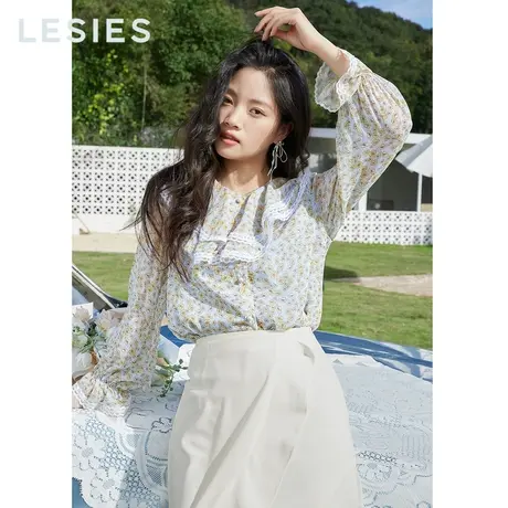 LESIES蓝色倾情春秋新款女雪纺印花荷叶领宽松款上衣衬衫小衫图片