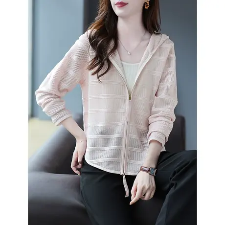 宝诗黎纯色连帽长袖透气薄款拉链上衣2023早秋新款亮丝针织短外套商品大图