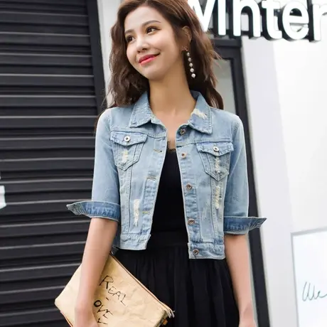 牛仔外套女短款修身韩版新款显瘦学生七分袖春秋牛仔服上衣大码86商品大图