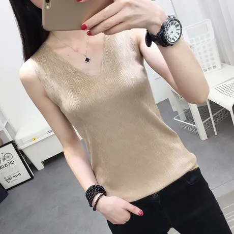 吊带背心女夏外穿短款百搭v领冰丝针织衫女士内搭无袖打底衫薄款商品大图