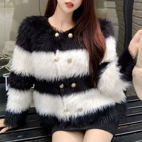 黑白条纹撞色毛衣外套女秋冬韩系慵懒风高级感仿貂毛软糯针织开衫图片