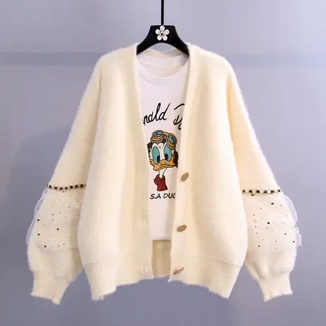 设计感网纱拼接仿水貂绒毛衣外套女2023秋冬外穿日系宽松针织开衫图片