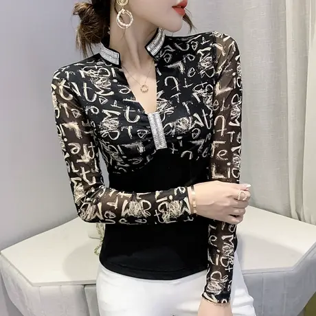 女装2024新款潮欧货时尚网纱T恤女长袖春秋性感V领上衣洋气打底衫图片