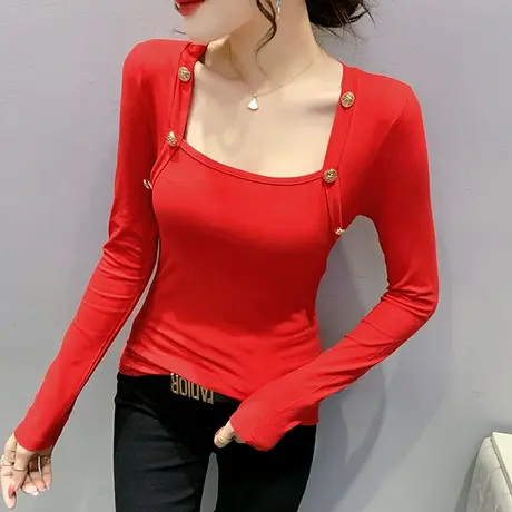 性感红色T恤打底衫女长袖本命年春装2024新款修身显瘦方领上衣潮商品大图