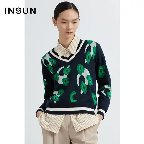 INSUN恩裳线上专选春季撞色提花V领印花毛衣商品大图