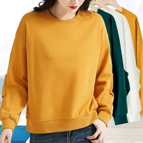 春秋宽松大版卫衣女款遮屁股新款大码纯色套头圆领不加绒无带帽子商品大图