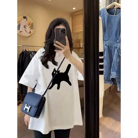 白色中长款纯棉短袖t恤女ins潮印花2023新款欧货上衣宽松大码百搭商品大图