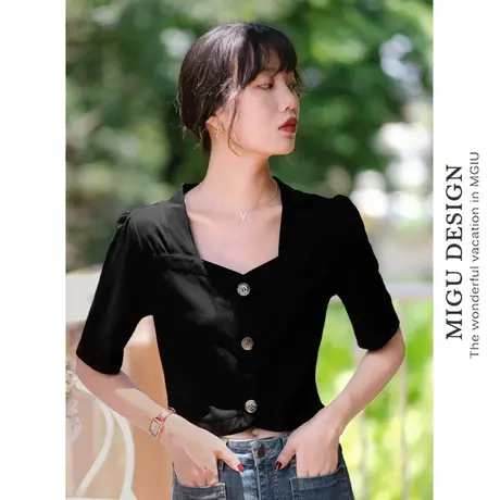 弥古短款露脐法式方领锁骨上衣女夏黑色正肩半袖t恤修身短袖衬衣商品大图
