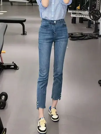 春秋烟管裤2023新款百搭韩版修身高腰直筒裤脚纽扣九分牛仔裤女潮商品大图