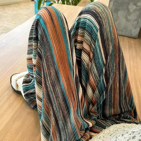 条纹褶皱阔腿裤女春夏季薄款冰丝裤子复古小众凤琴休闲直筒拖地裤图片