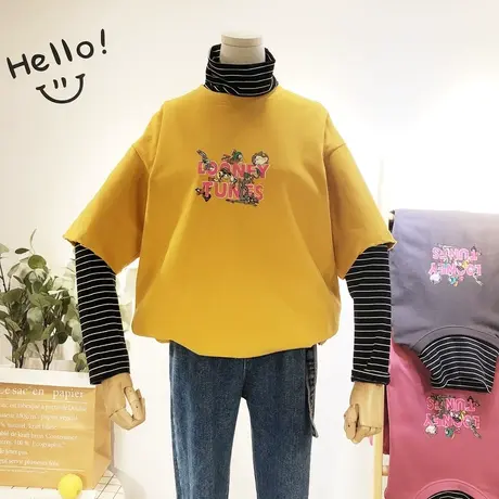 2020早春新款韩国东大门cec潮卡通宽松假两件套长袖T恤打底衫大码图片