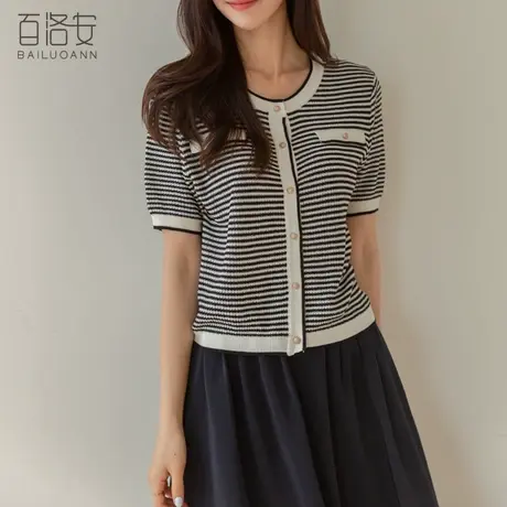 百洛安百搭撞色圆领针织衫女夏季新款洋气减龄条纹短袖开衫小上衣商品大图