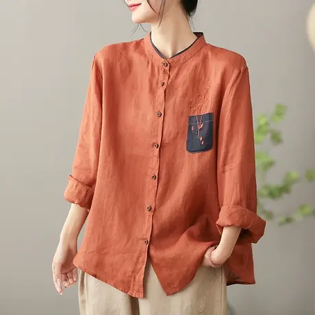 dza 复古苎麻女士衬衫2023春夏新款宽松长袖衬衣气质显瘦棉麻上衣图片