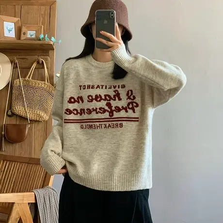 dza 复古短款字母牛绒毛衣女秋冬内搭加厚针织衫宽松显瘦打底上衣图片