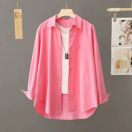 玫红色洋气纯棉休闲衬衫女长袖宽松中长款衬衣外套春秋季开衫上衣图片