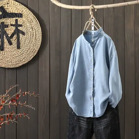 枫谜2021年春装新款文艺韩版花边领牛仔衬衫女宽松休闲牛仔上衣商品大图