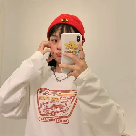 红续原创自制2023春装新款ins潮宽松oversize纯棉卫衣女长袖T恤图片