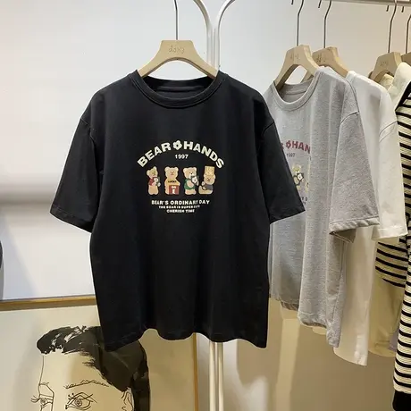 夏季韩版简约大气纯色减龄卡通印花短袖t恤女宽松慵懒打底衫上衣商品大图