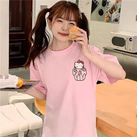 很润工作室 九宫格猫猫落肩短袖男女卡通可爱百搭款情侣T恤上衣商品大图