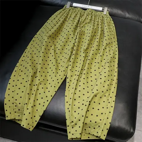 日系好货推荐！夏季新款圆点松紧高腰显瘦休闲裤女直筒哈伦裤薄款商品大图